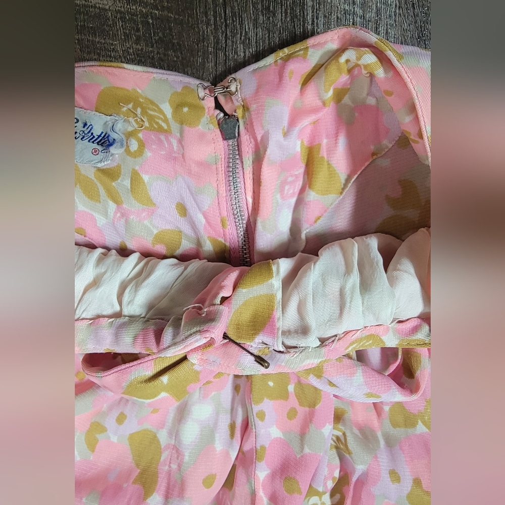 60s Vintg Midi Dress Womens 4 Pink Purple Tan Retro Floral Full Skirt Bow Detail - Picture 8 of 13